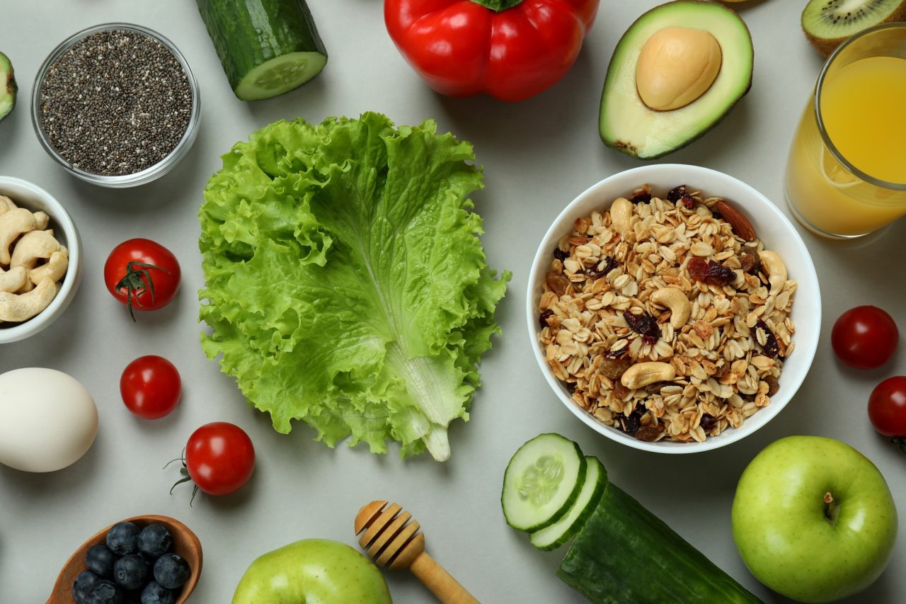 concept of healthy nutrition on light gray background