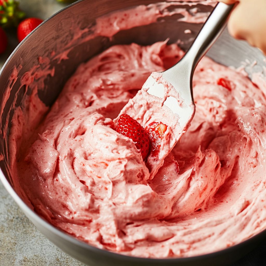 strawberry cake batter being mixed in bowl