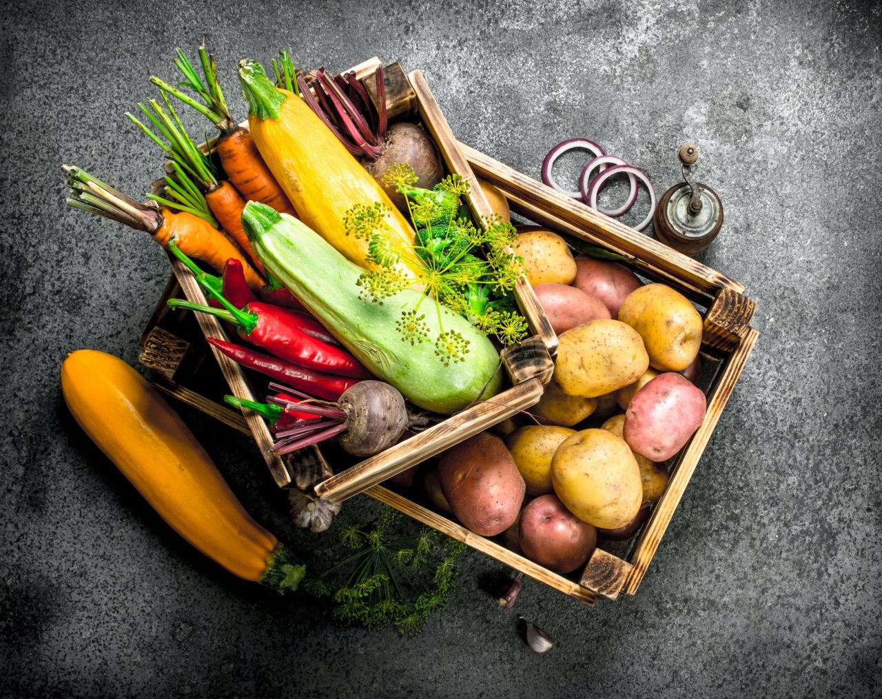 organic food fresh harvest of vegetables in an old box