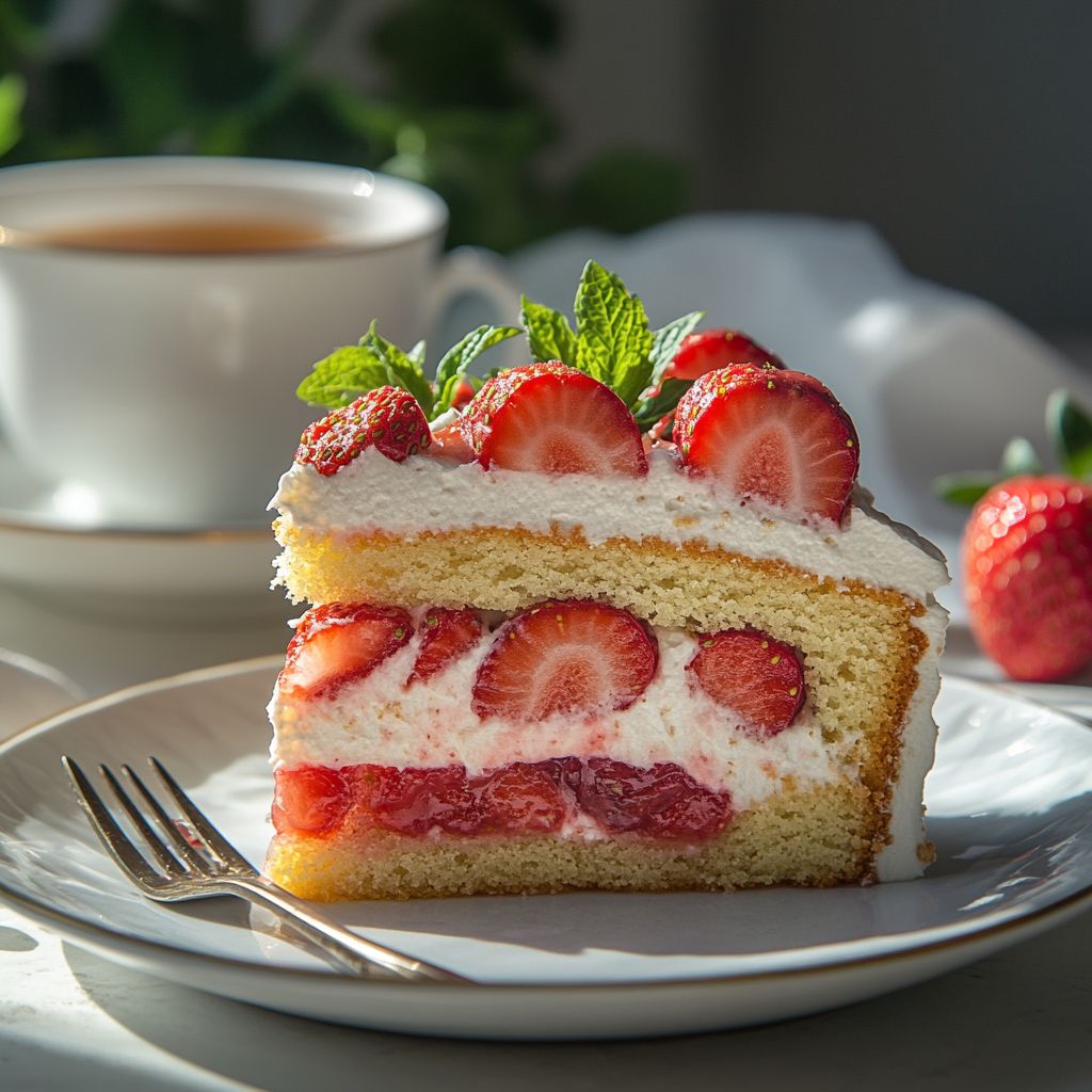 slice of strawberry cake served with strawberries