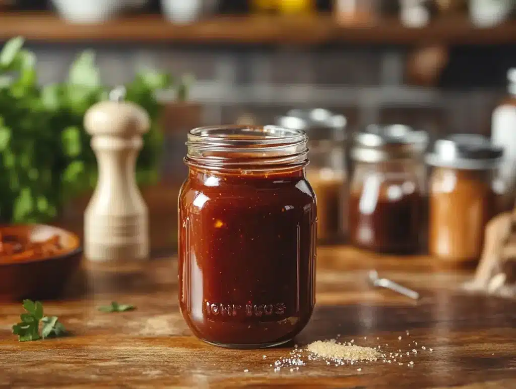 3 ingredient BBQ sauce in mason jar on rustic kitchen counter