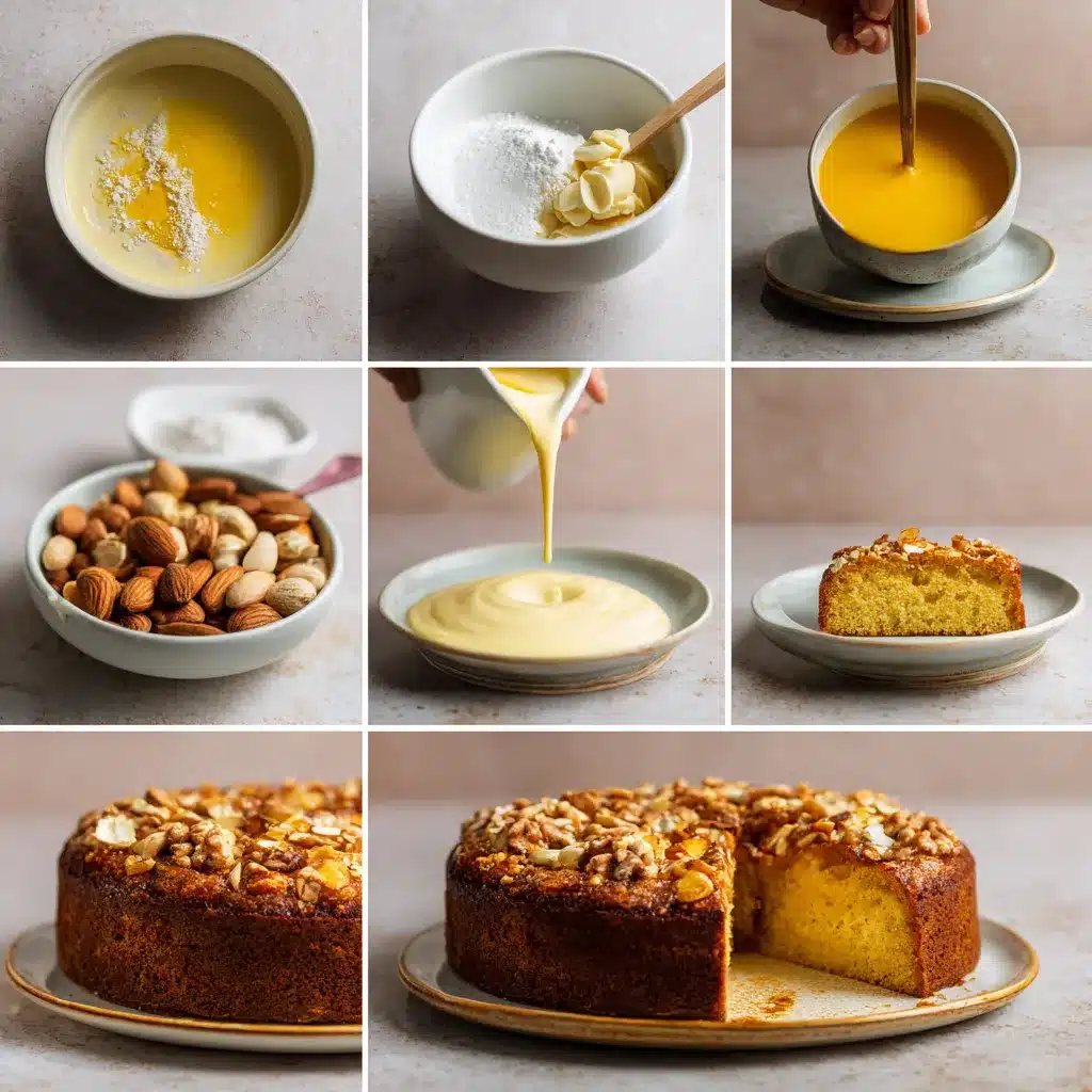 ingredients for almond nut cake laid on wooden table