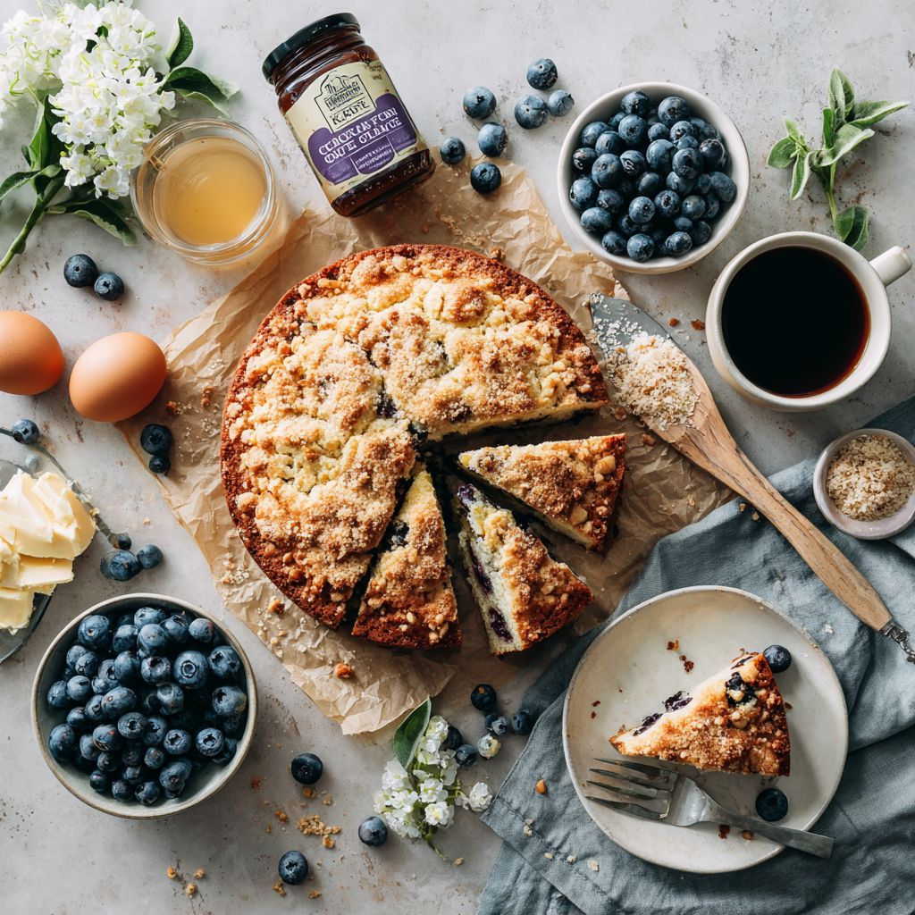  slice of blueberry coffee cake served