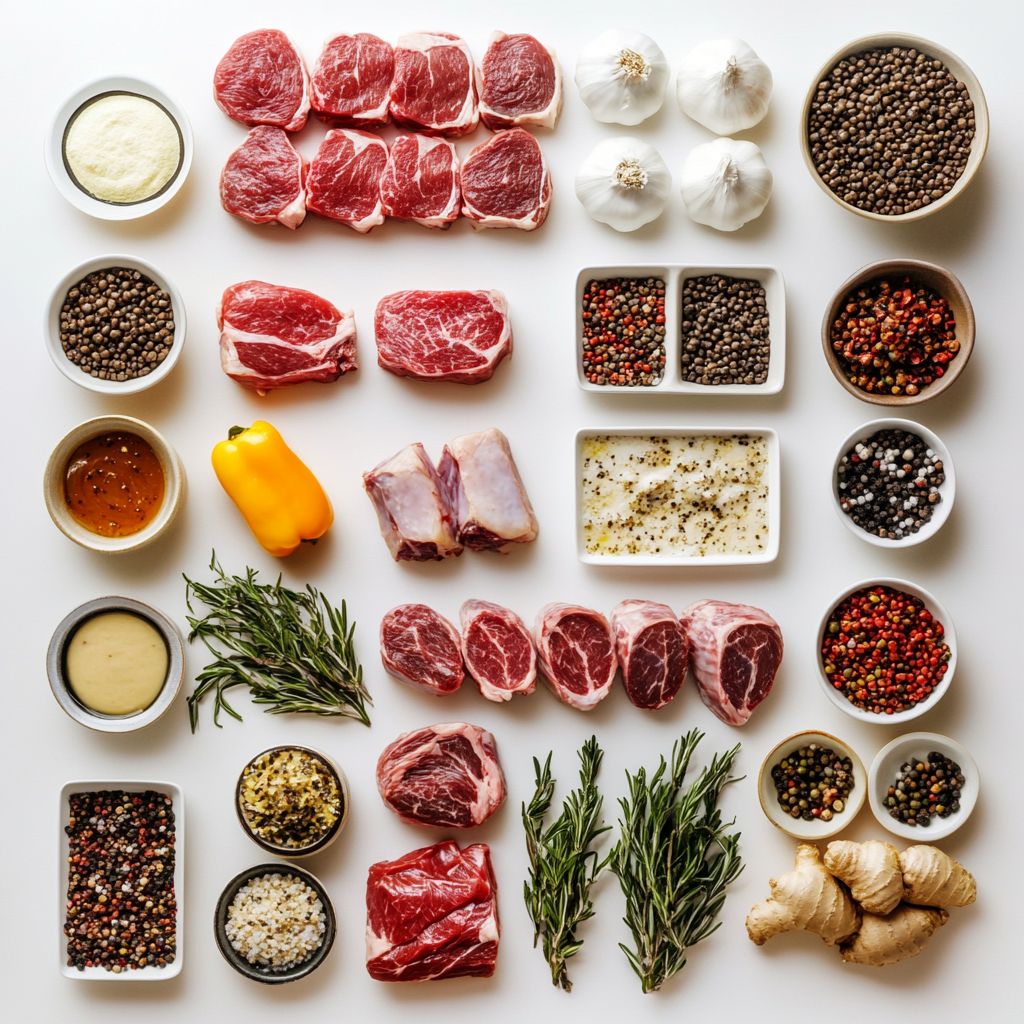 Carnivore diet ingredients including meat, eggs, and fat