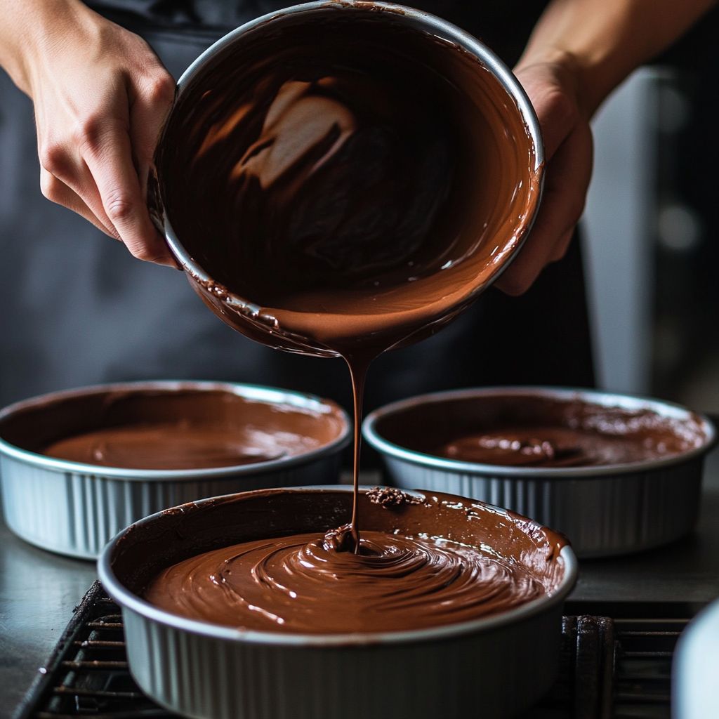 Chocolate cake batter being poured into pans