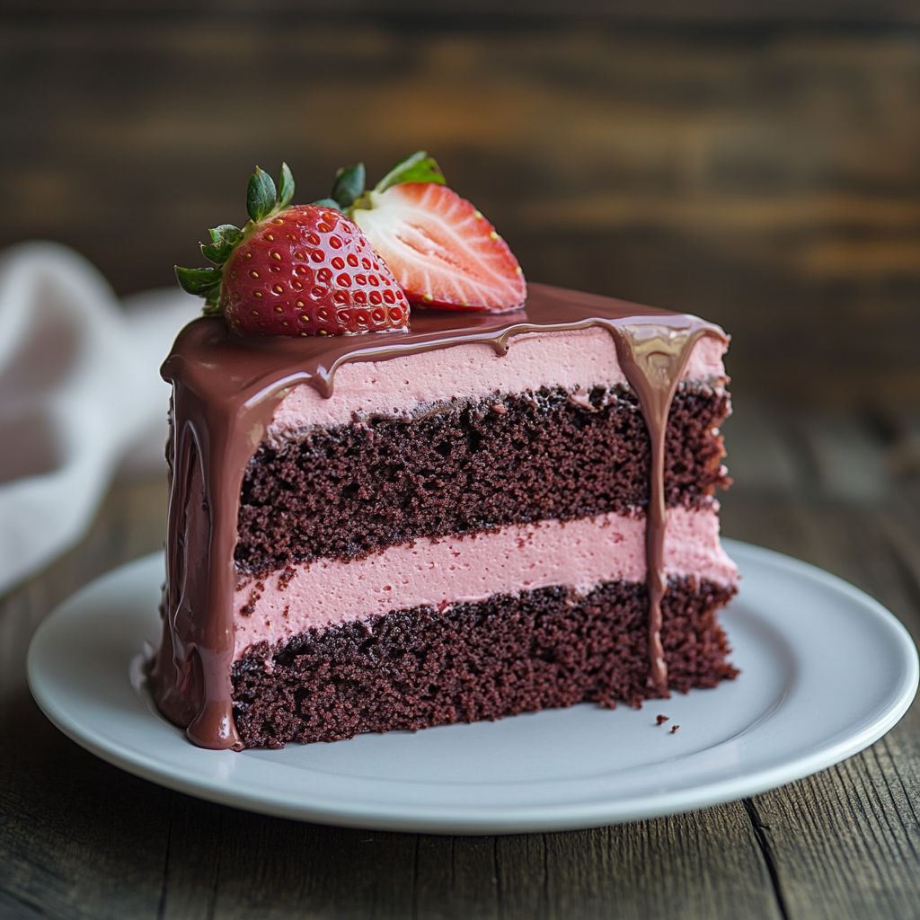  Sliced chocolate strawberry cake showing interior layers
