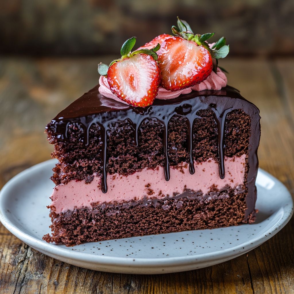 Chocolate strawberry cake slice with ganache and fresh berries