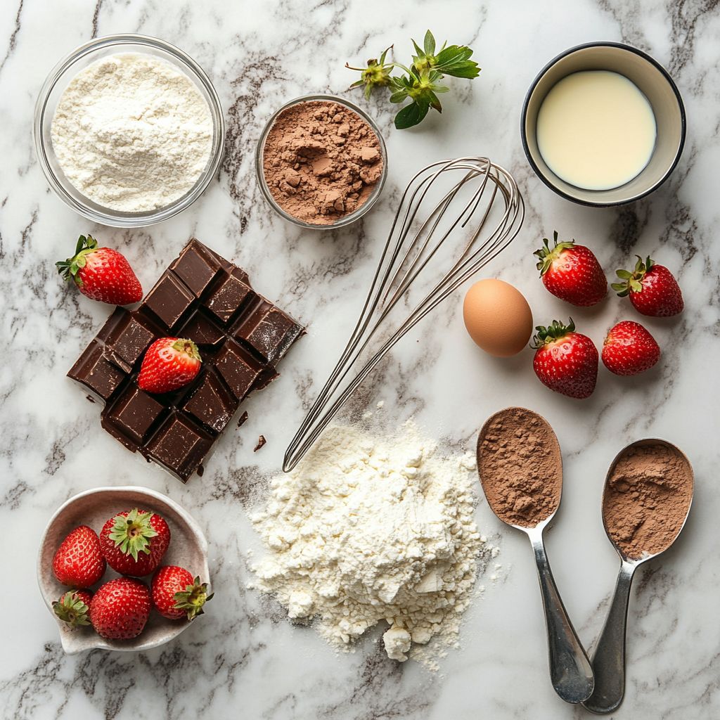 Ingredients for chocolate strawberry cake on marble