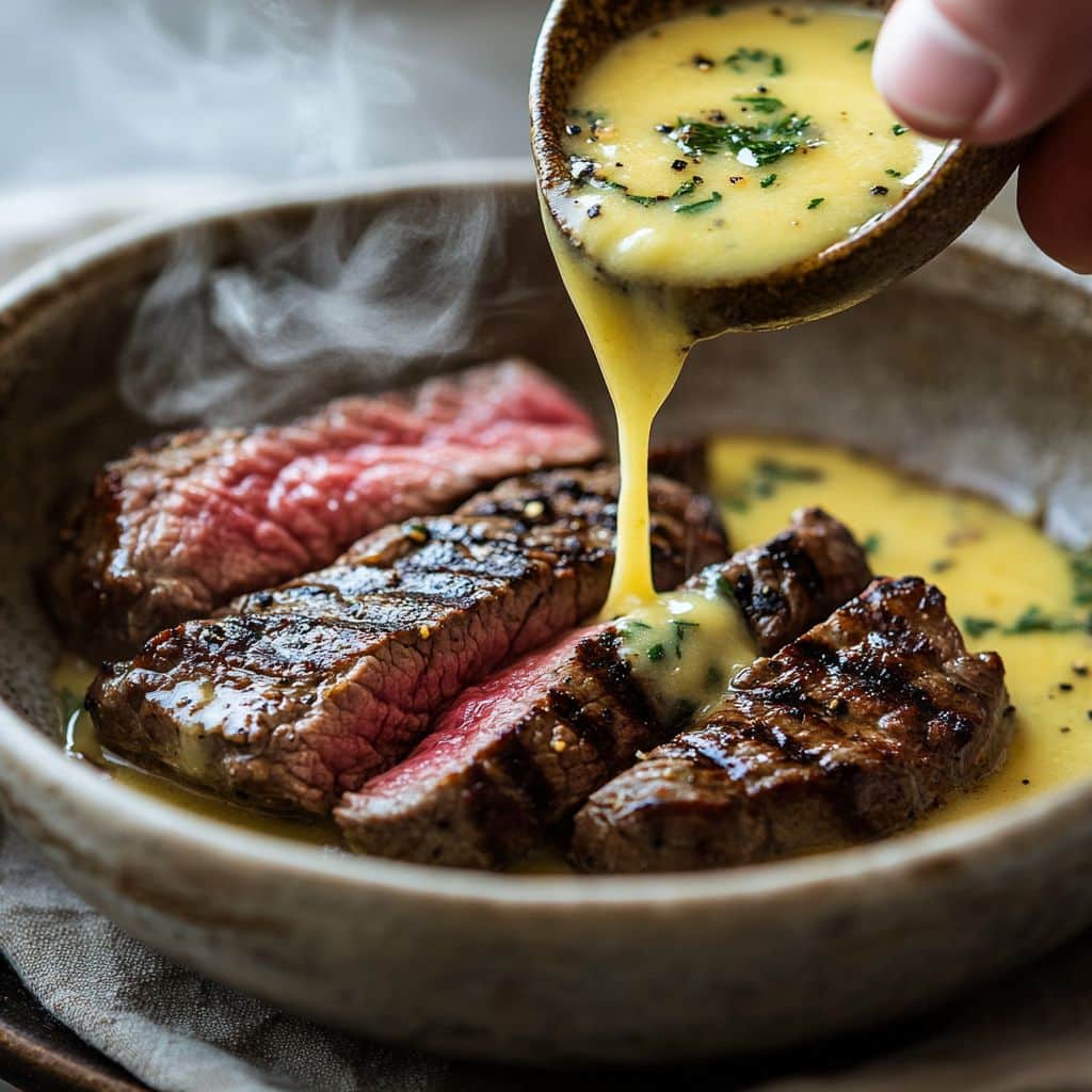 steak dipped into cowboy butter sauce