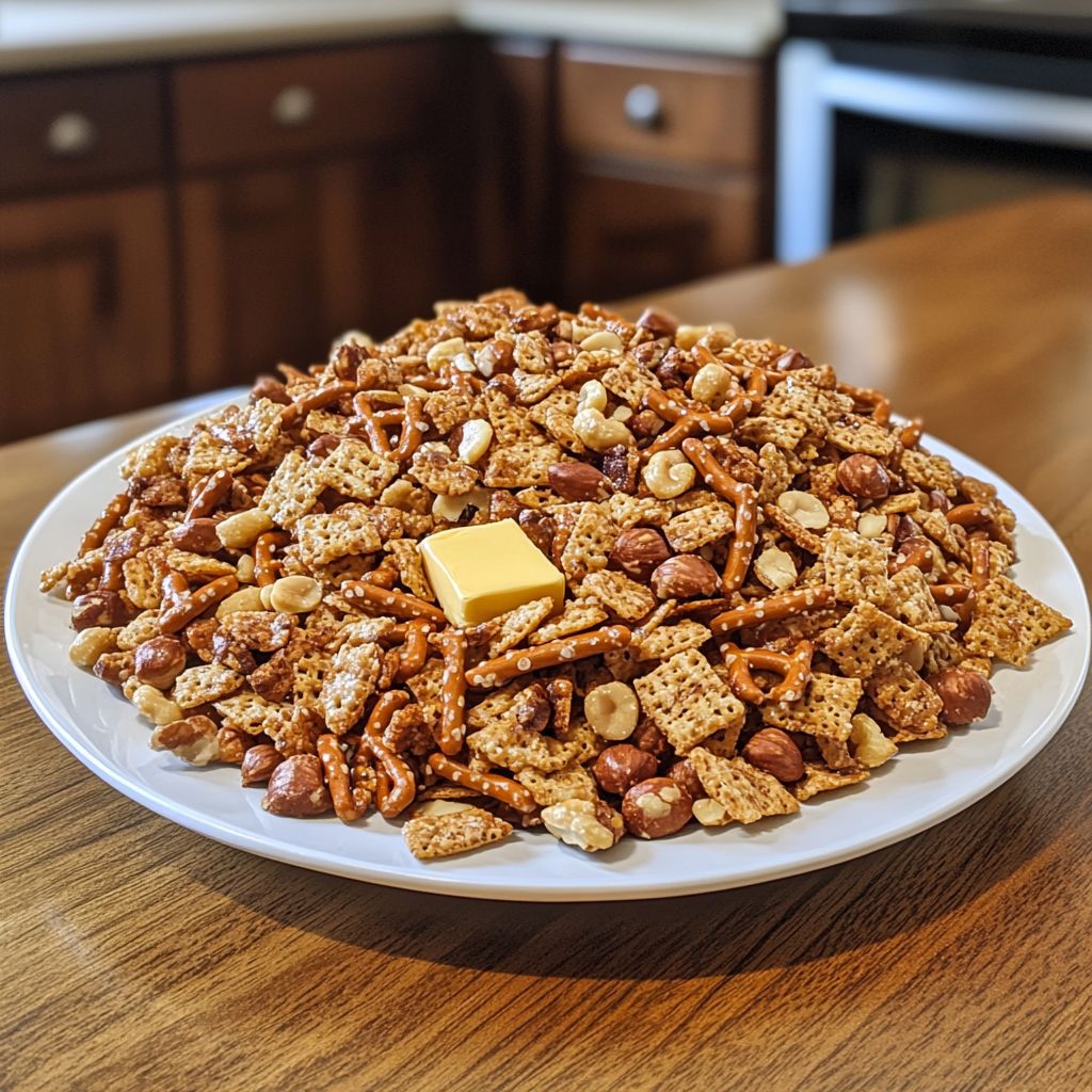 spreading crispix mix on baking tray