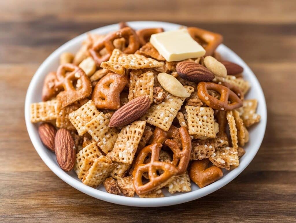 crispix mix recipe on white plate