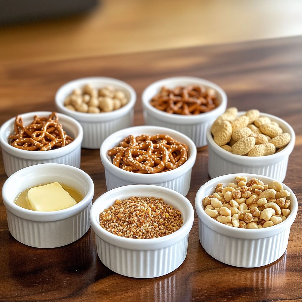 crispix mix ingredients in small white bowls