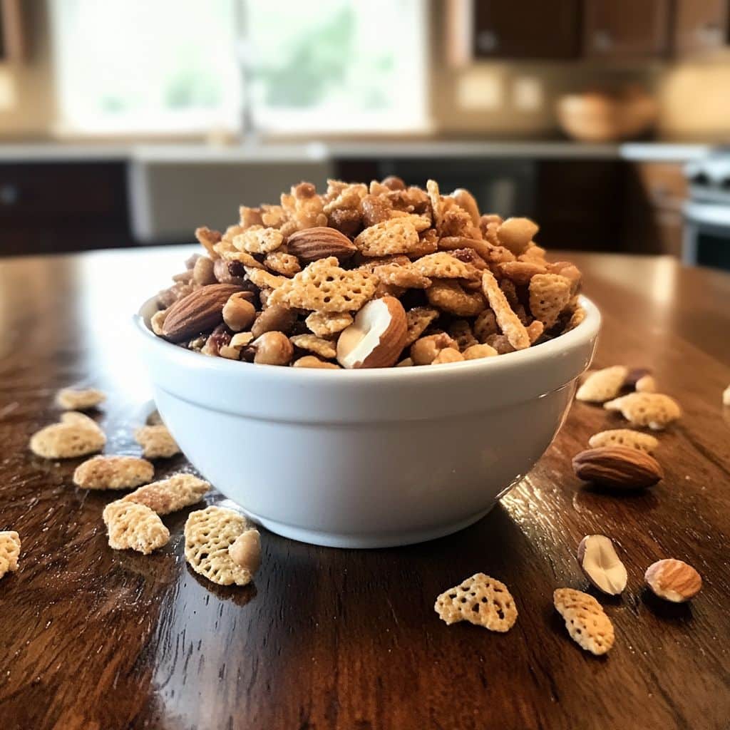 serving crispix mix in white bowl