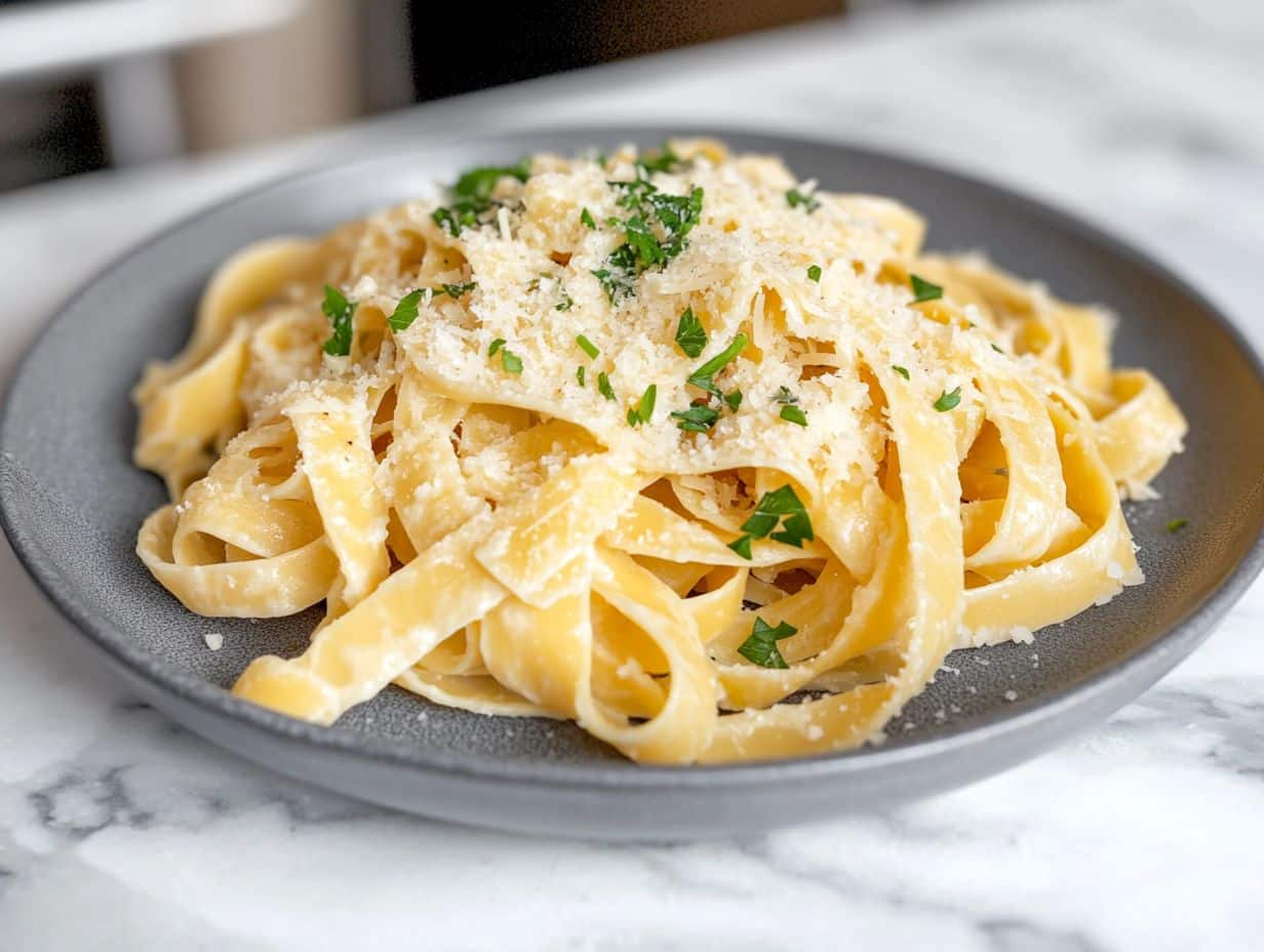 keto pasta recipe plated with parmesan