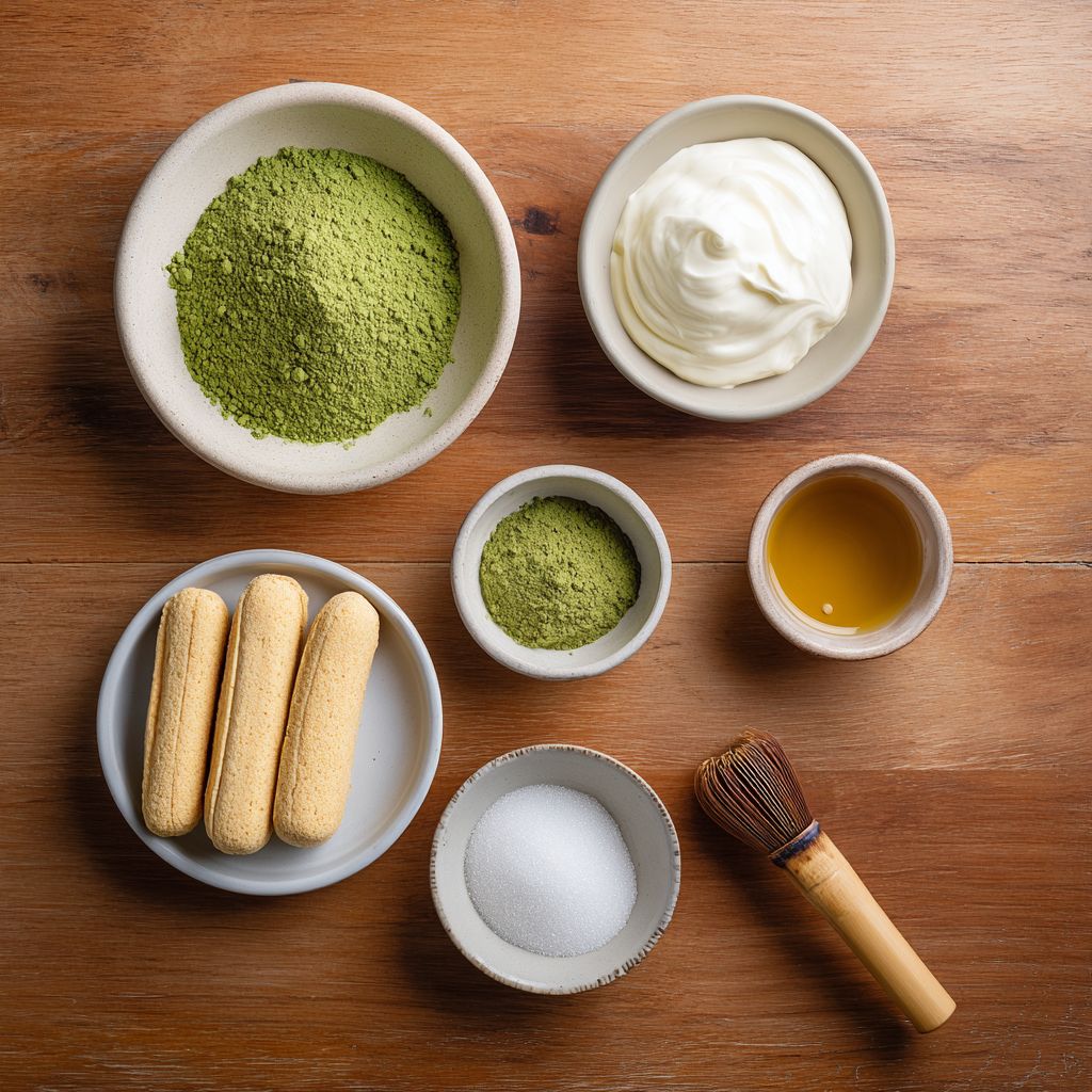  Ingredients for making matcha tiramisu on a wooden table