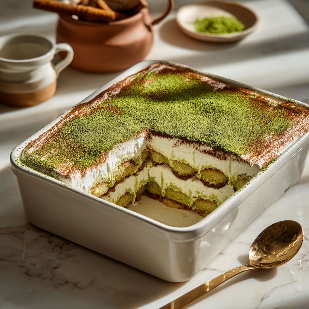 Full pan of homemade matcha tiramisu with layers exposed