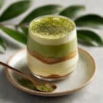 Ingredients for making matcha tiramisu on a wooden table
