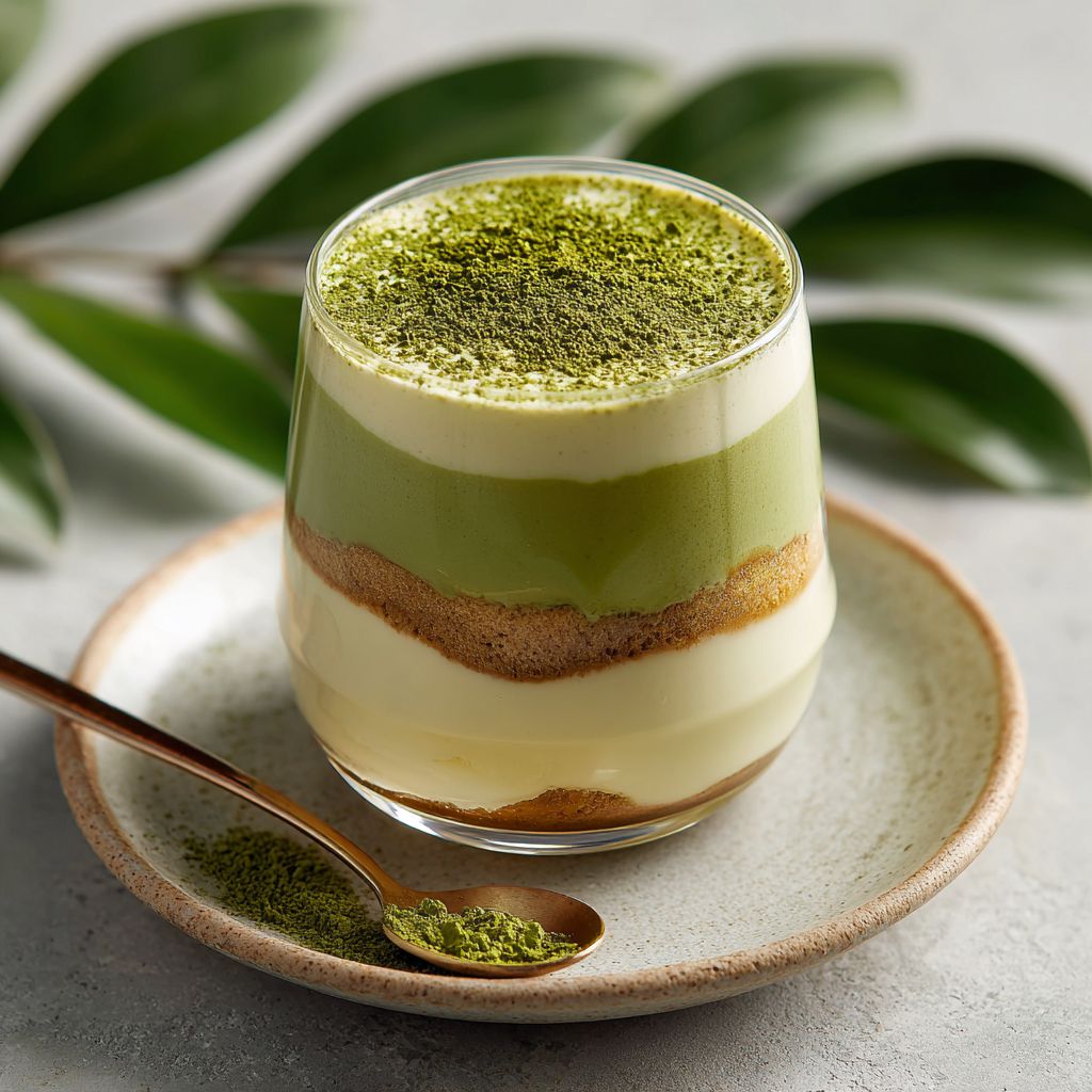 Ingredients for making matcha tiramisu on a wooden table