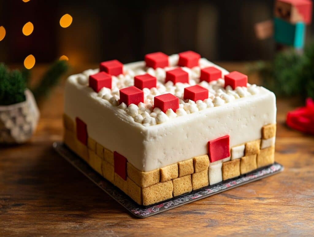 minecraft cake decorated with white icing and red fondant