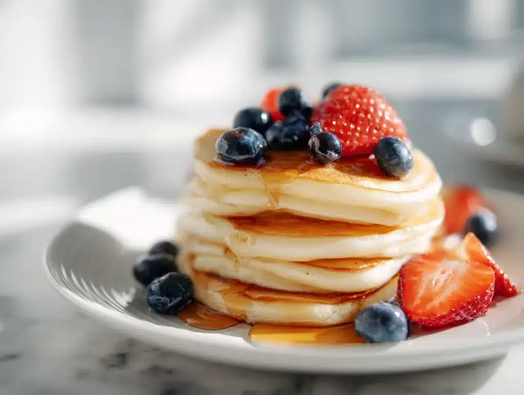 Stack of mini pancakes with berries and syrup