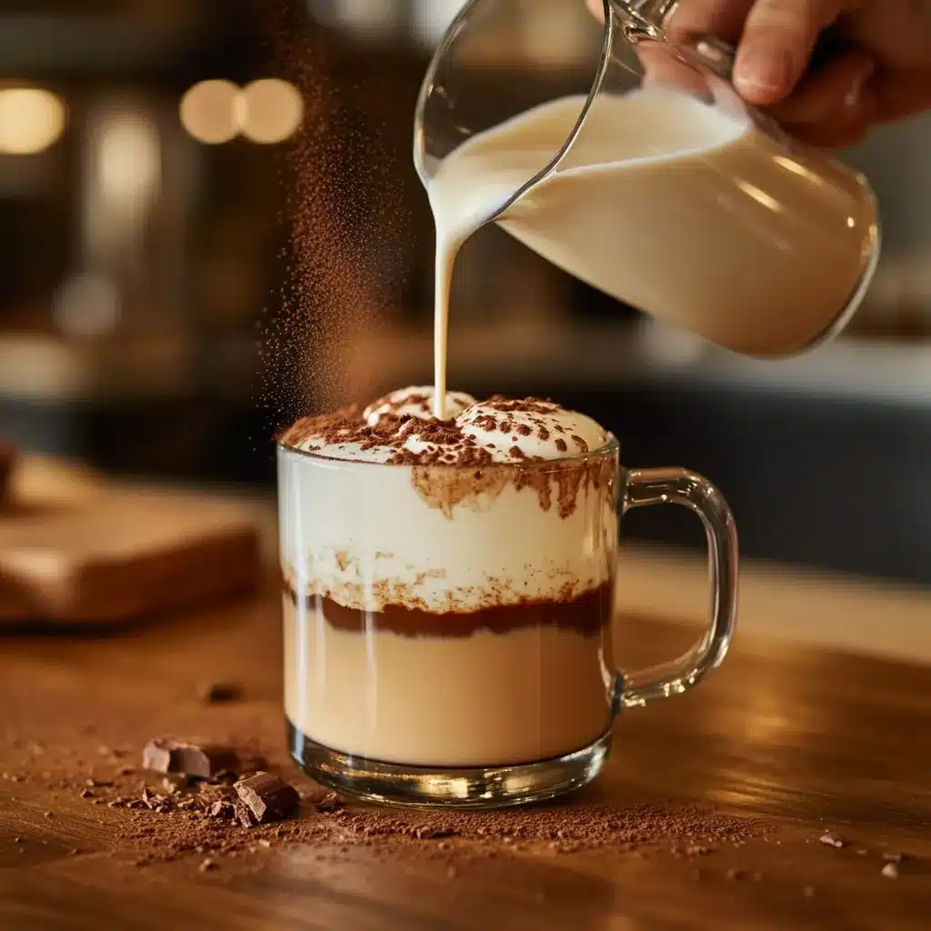 frothed milk being poured into tiramisu latte