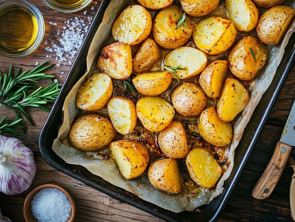 Roasted Yukon Gold Potatoes on rustic tray