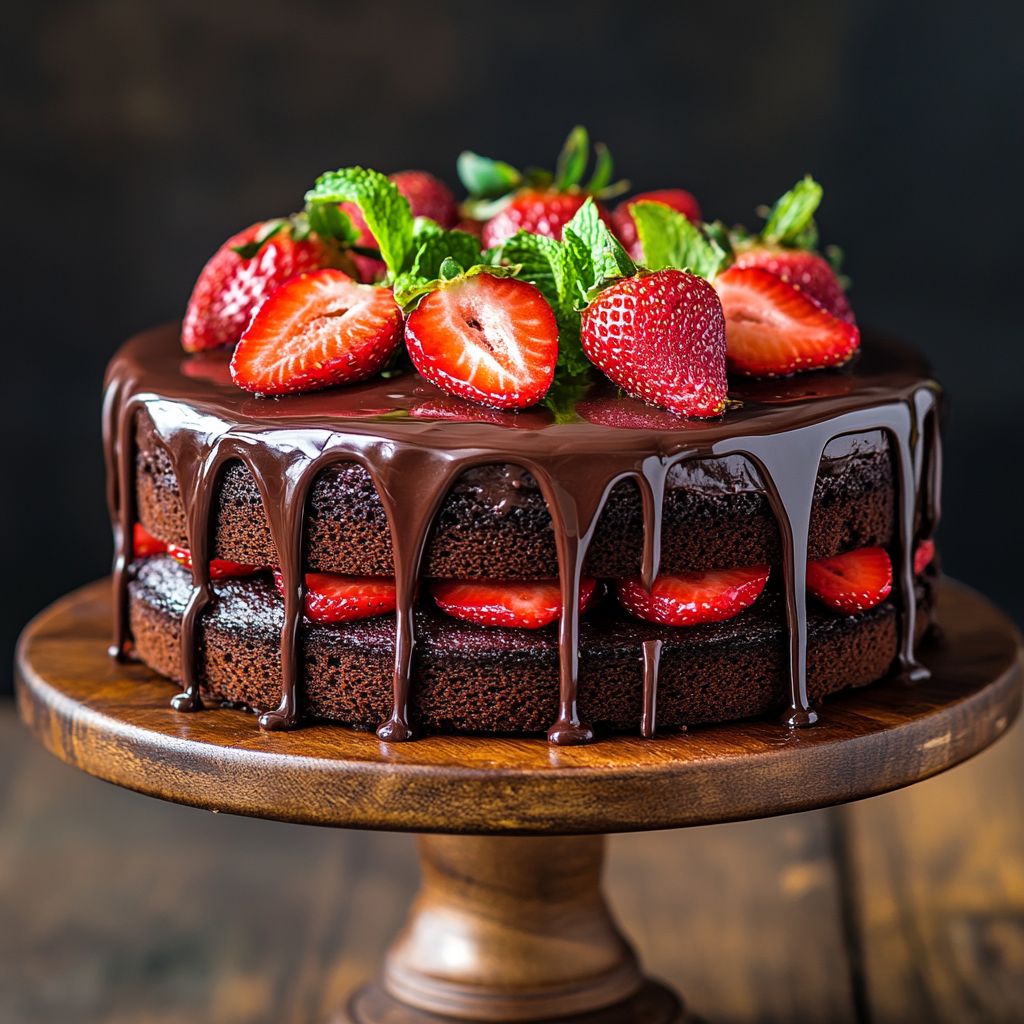 Decorated chocolate strawberry cake with ganache and berries
