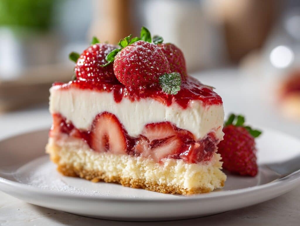strawberry cake and cheesecake slice layered