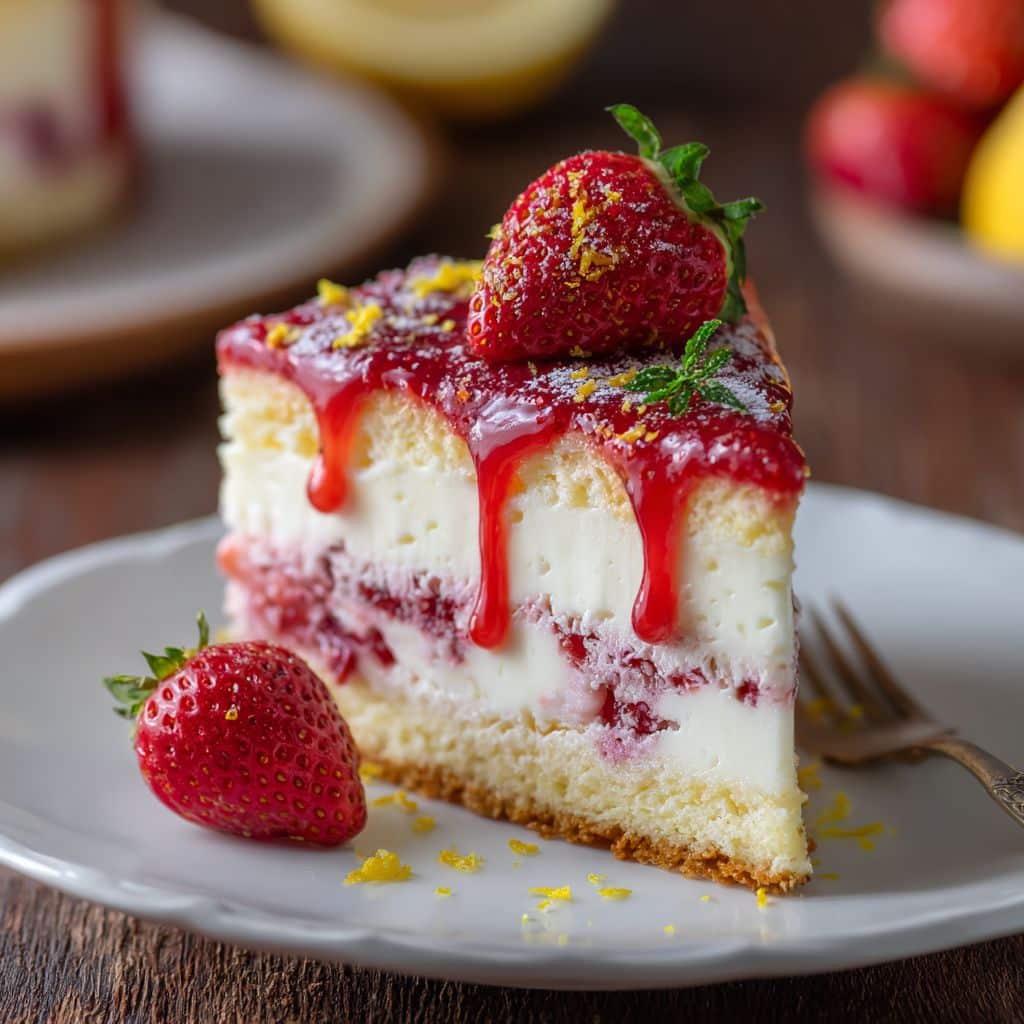 served strawberry cake and cheesecake on table