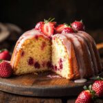 strawberry pound cake sliced open with glaze
