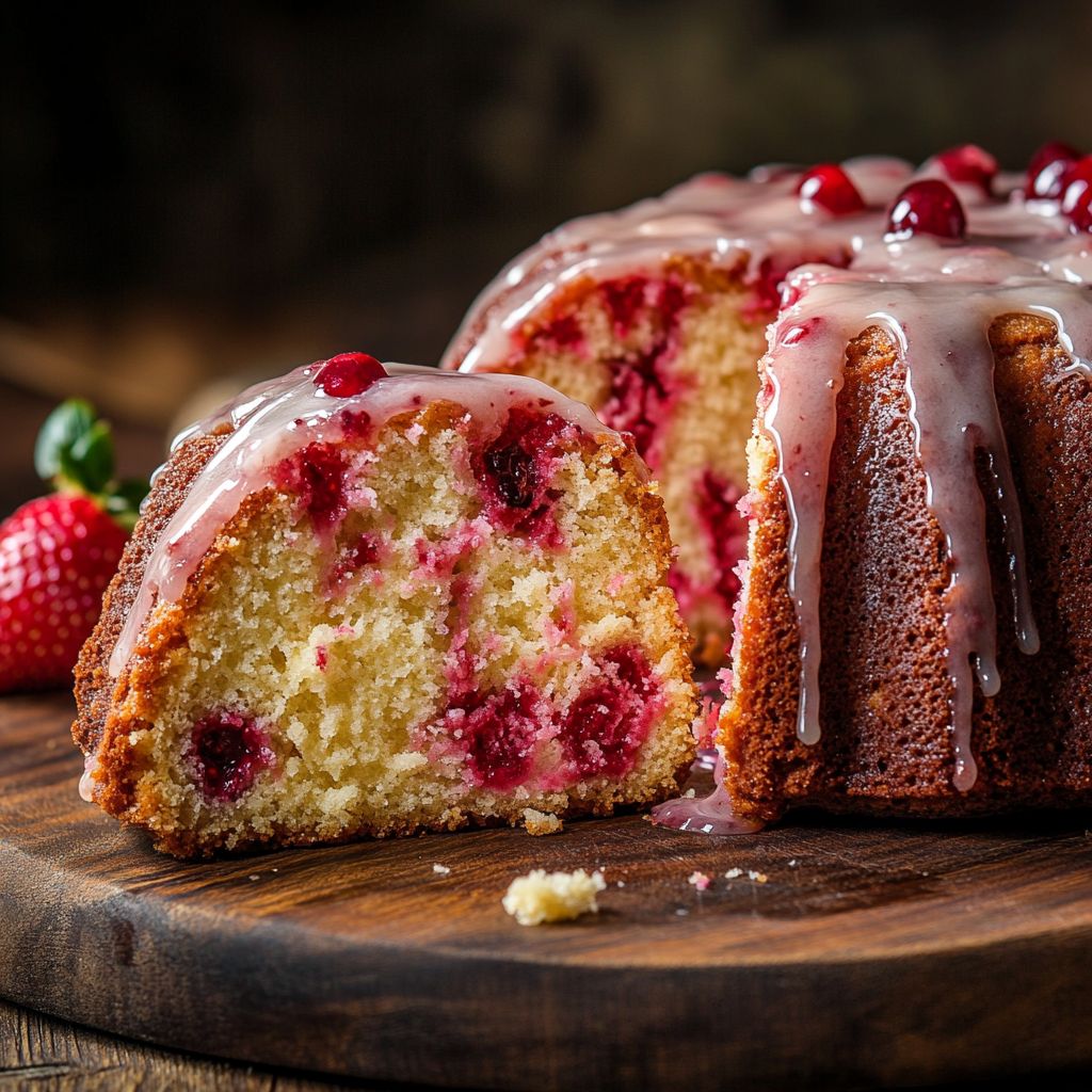 strawberry pound cake on stand with glaze