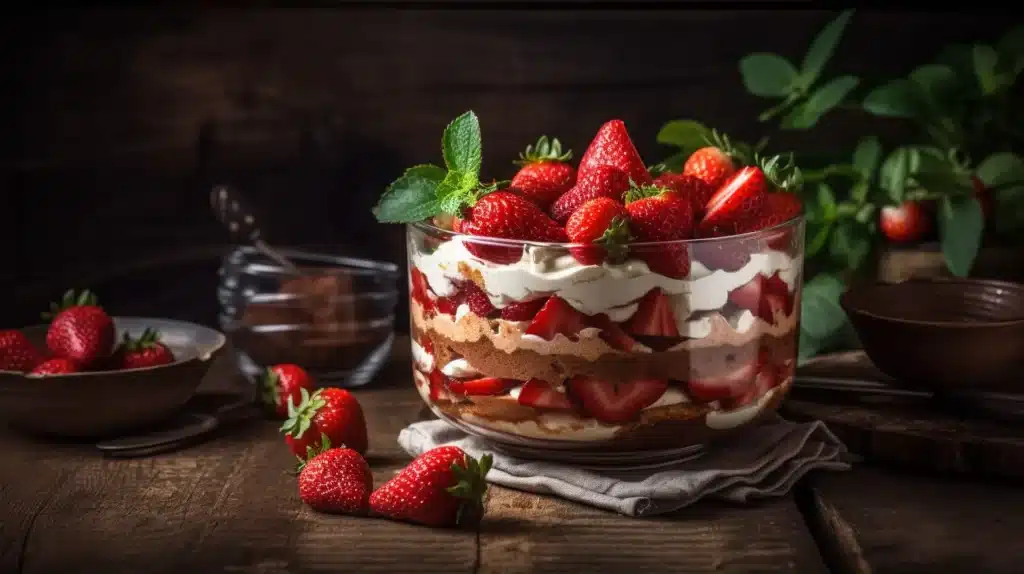 Featured image of Strawberry Tiramisu Dessert in clear dish