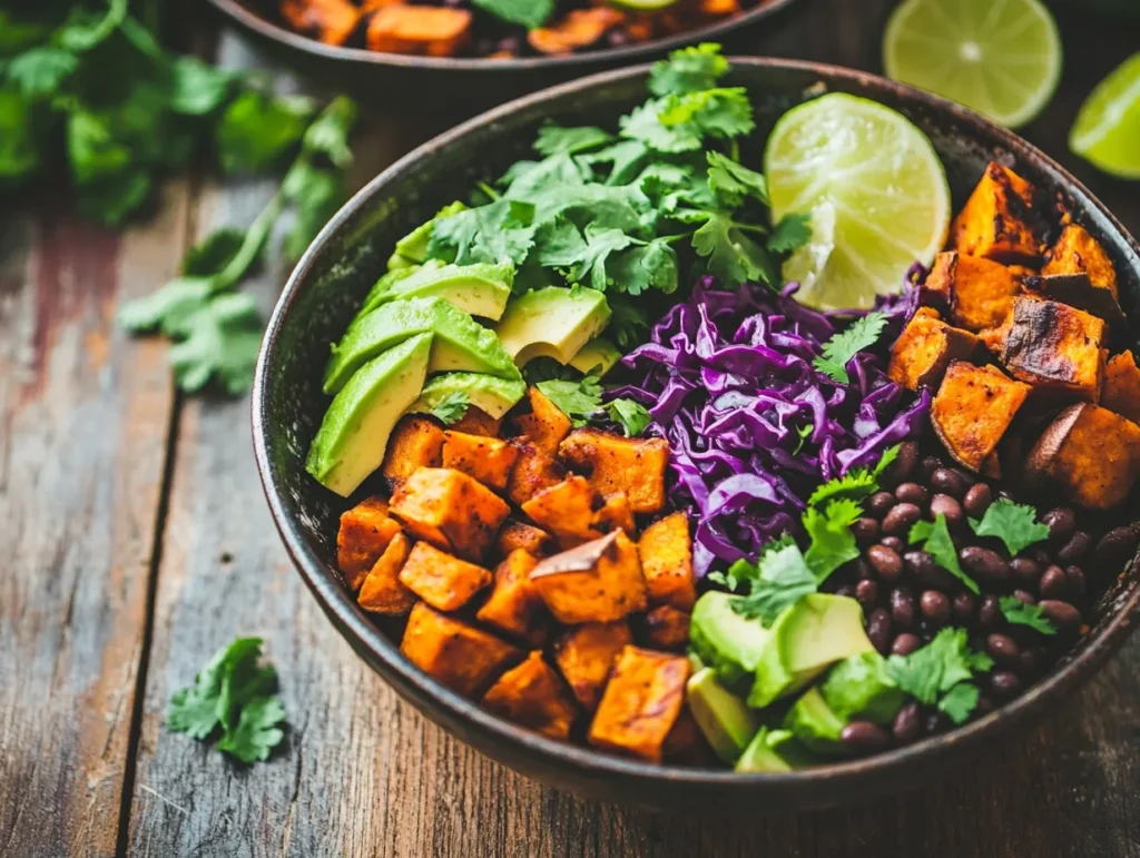 sweet potato taco bowls with vibrant toppings