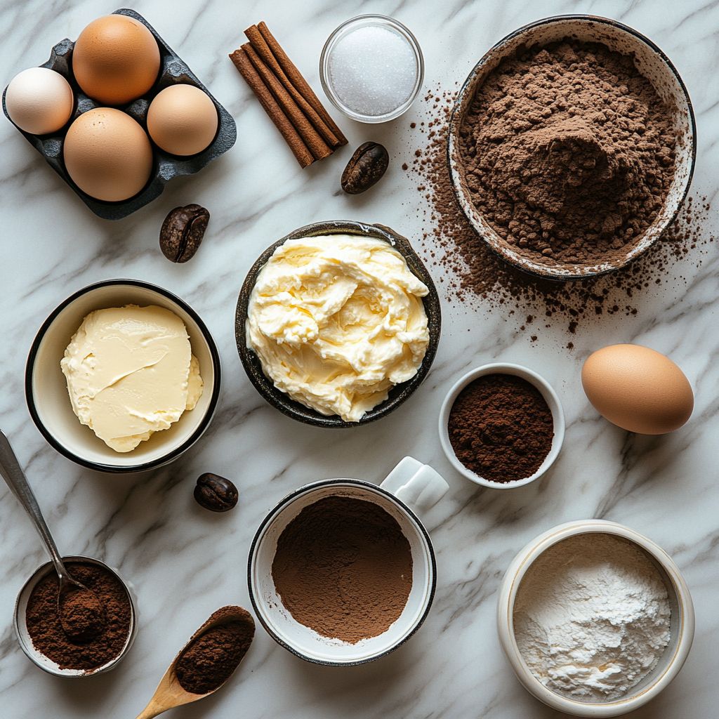 tiramisu cake ingredients flat lay