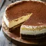 Served slice of tiramisu cheesecake with cocoa
