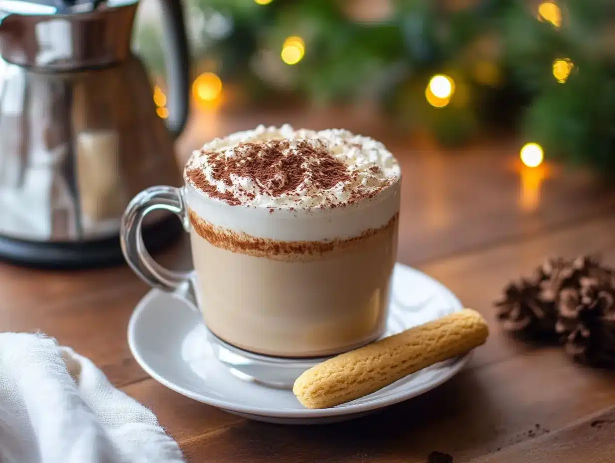 tiramisu latte with creamy layers and cocoa topping