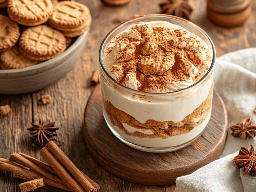 biscoff tiramisu dessert in glass dish