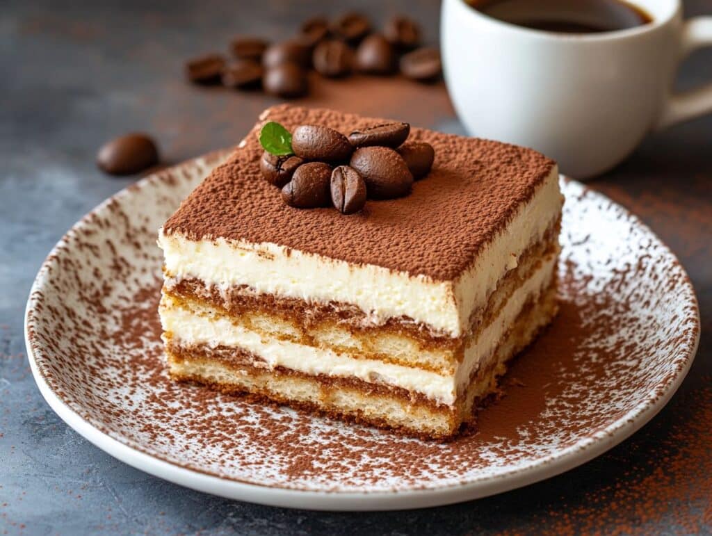 tiramisu cake on rustic table