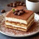 tiramisu cake on rustic table
