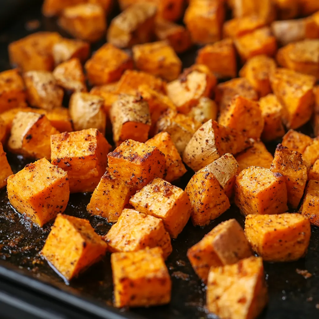 sweet potatoes roasting on a pan for taco bowls