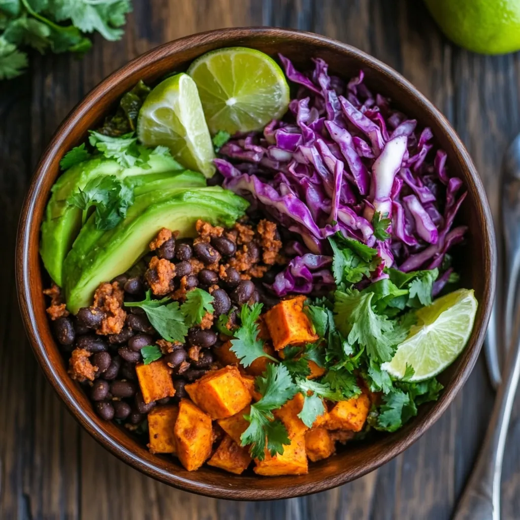 recipe card for sweet potato taco bowls