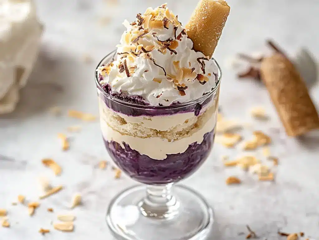 ube tiramisu dessert in glass dish