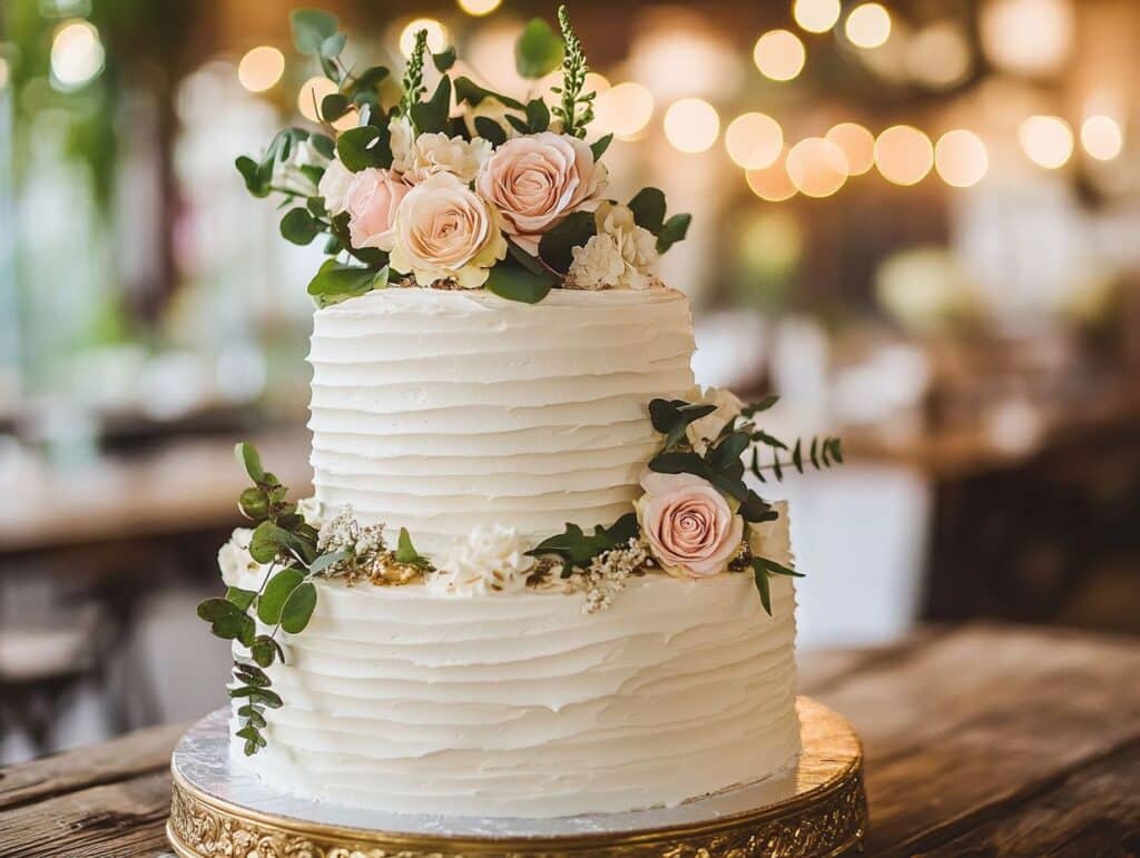 elegant wedding cake with flowers and gold trim