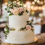 elegant wedding cake with flowers and gold trim