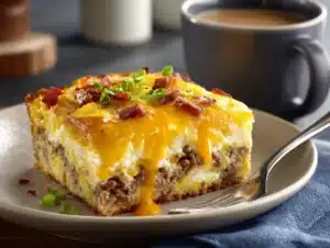 Breakfast casserole hashbrowns eggs sausage served in ceramic dish