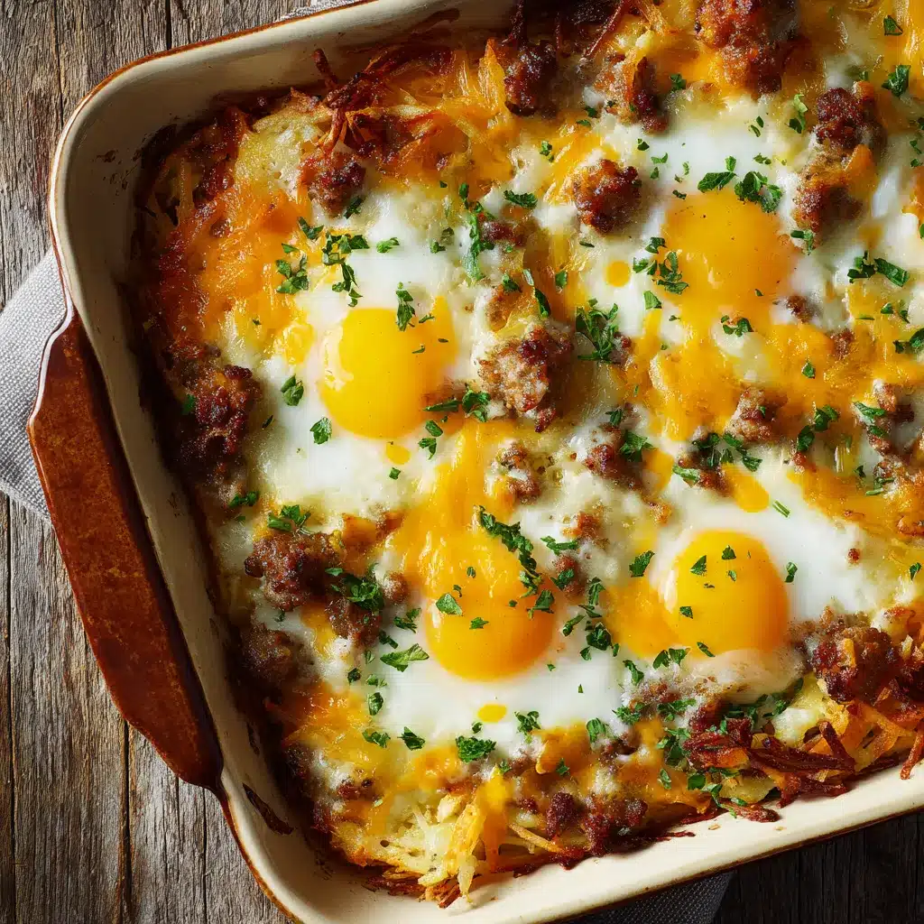 Slice of breakfast casserole hashbrowns eggs sausage on plate