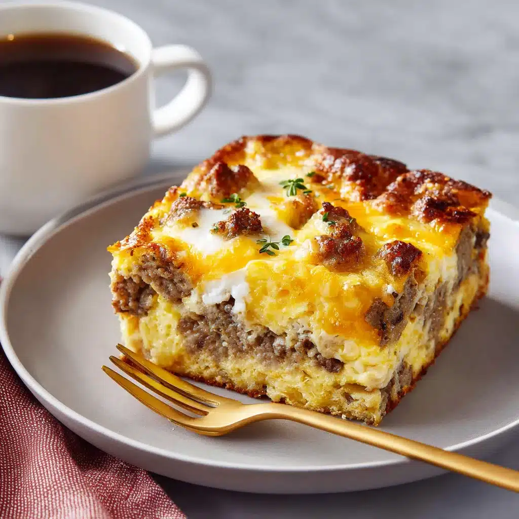 Slice of breakfast casserole hashbrowns eggs sausage on plate