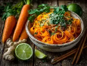 Carrot ribbon salad in a bowl with herbs and sesame