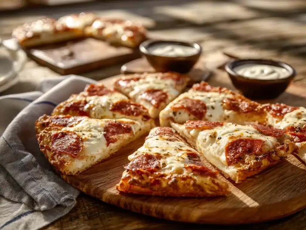 Checkerboard pizza fresh from the oven with turkey bacon and chicken ham