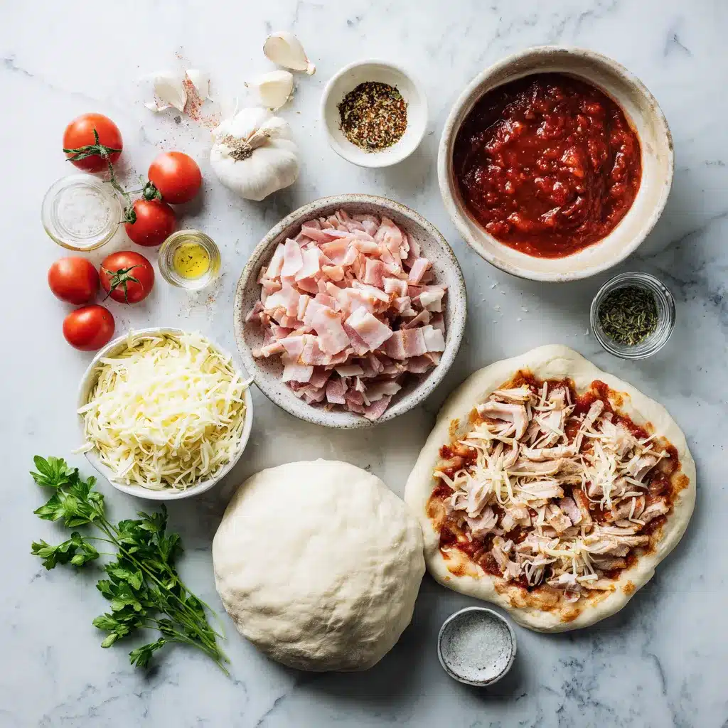 Checkerboard pizza ingredients including turkey bacon, chicken ham, and mozzarella